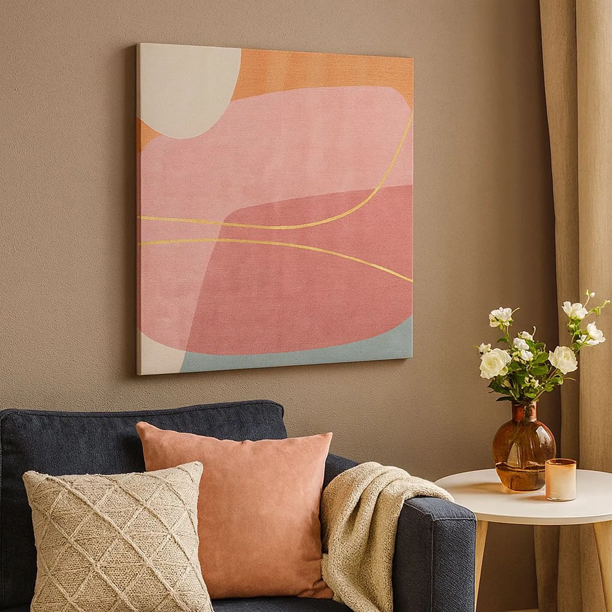 Canvastavla - Bild på duk - Pastellkomposition med guldtråd - 30x30 cm