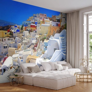 Självhäftande Fototapet Deluxe Sticker - En dröm om grekisk sommar - Arkitektur, Landskap, Santorini - 250x175 cm