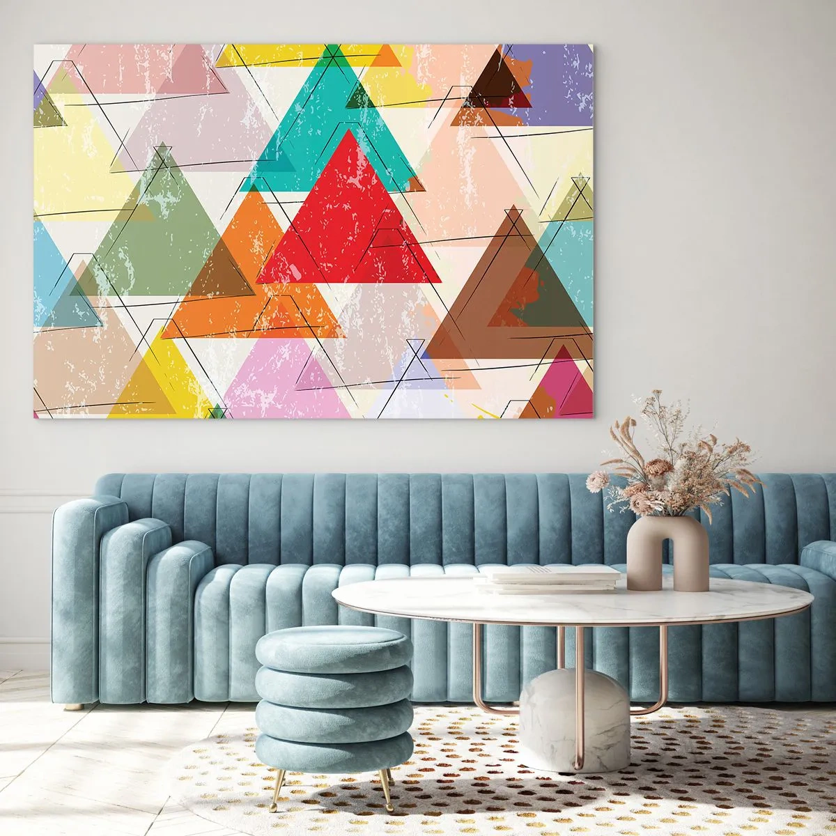 Glastavla - Bild på glas - Abstrakt mönster av trianglar i olika färger - 70x50cm - Tre gånger tre - Modern väggdekoration för vardagsrum och sovrum ARTTOR