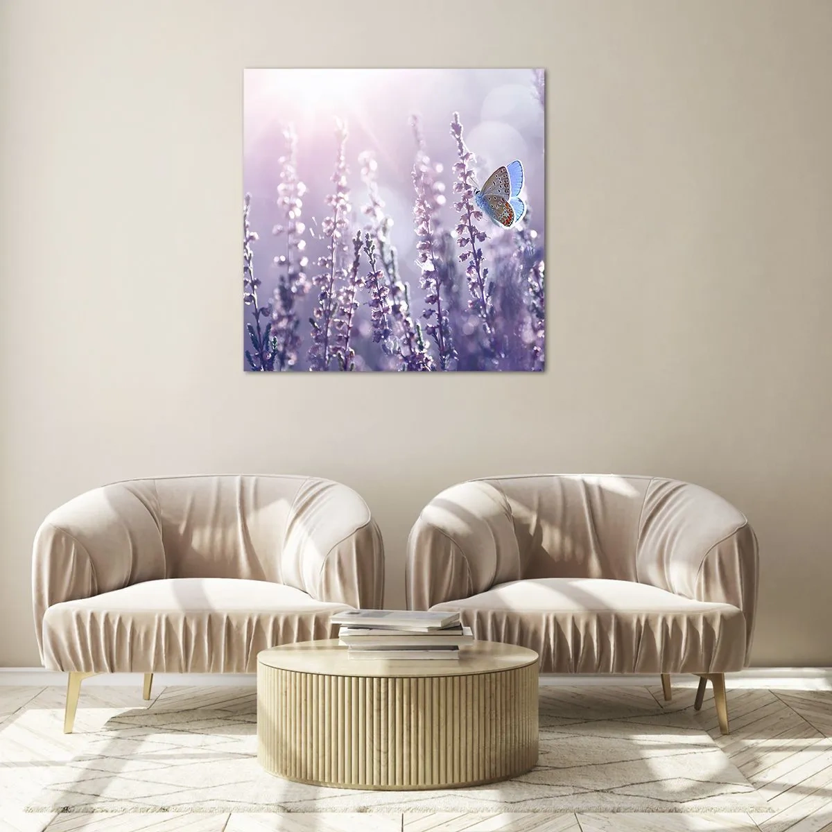 Glastavla - Bild på glas - En fjärils kyss - 50x50 cm