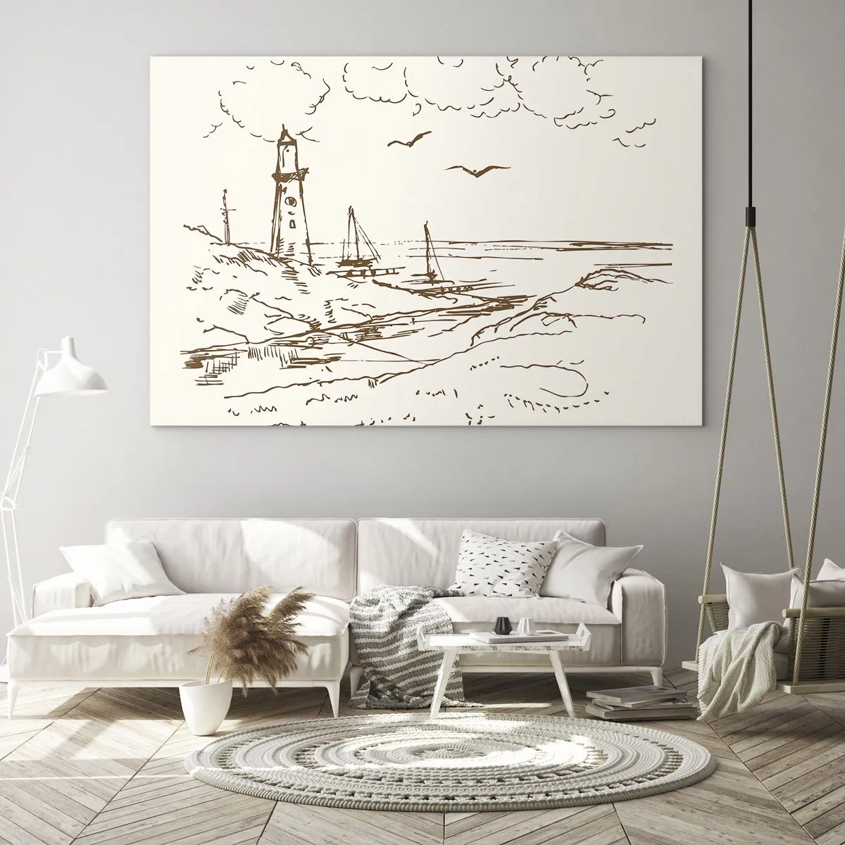 Glastavla - Bild på glas - Skiss av en fyr i ett kustlandskap - 70x50cm - Sommarminnets kontur - Modern väggdekoration för vardagsrum och sovrum ARTTOR
