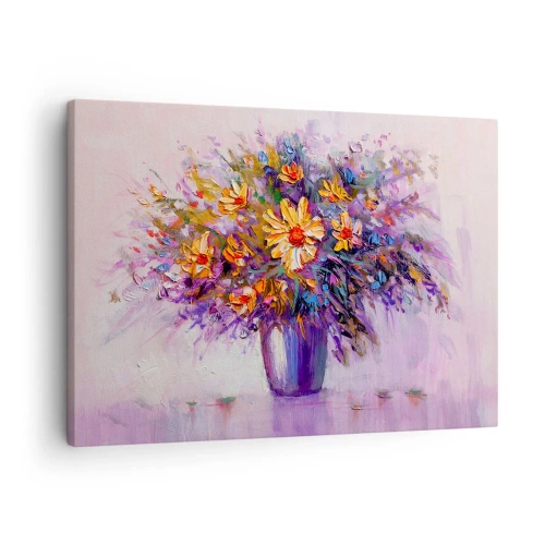 Canvastavla - Bild på duk - En bukett blommor i en vas på en pastellfärgad bakgrund - 70x50cm - Doftar sött, ser sött ut - Modern väggdekoration för vardagsrum och sovrum ARTTOR