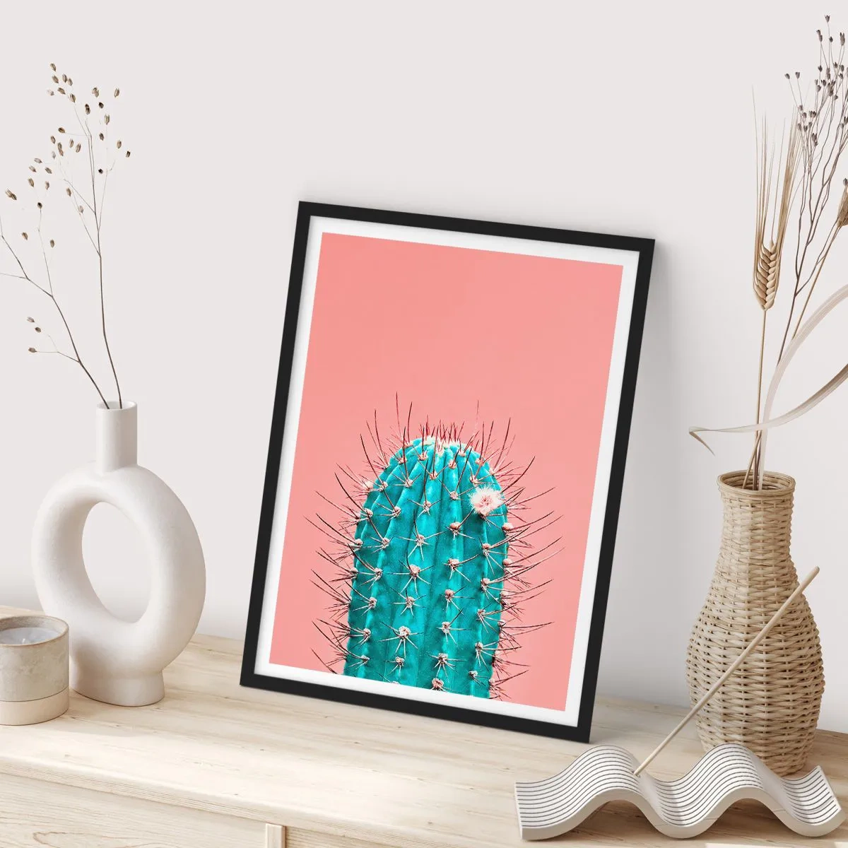 Affisch i svart ram - Turkos kaktus på en rosa bakgrund - 50x70cm - Titta bara - Modern väggdekoration för vardagsrum och sovrum ARTTOR