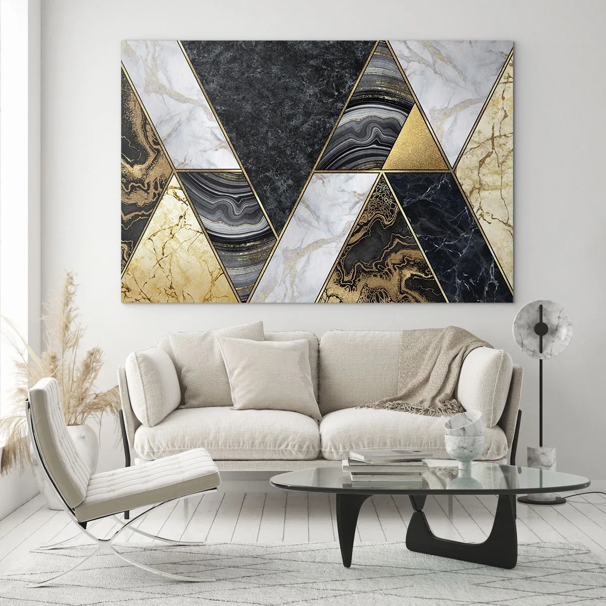Glastavla - Bild på glas - Geometriskt mönster av marmor och guld trianglar - 70x50cm - Sten vid sten - Modern väggdekoration för vardagsrum och sovrum ARTTOR