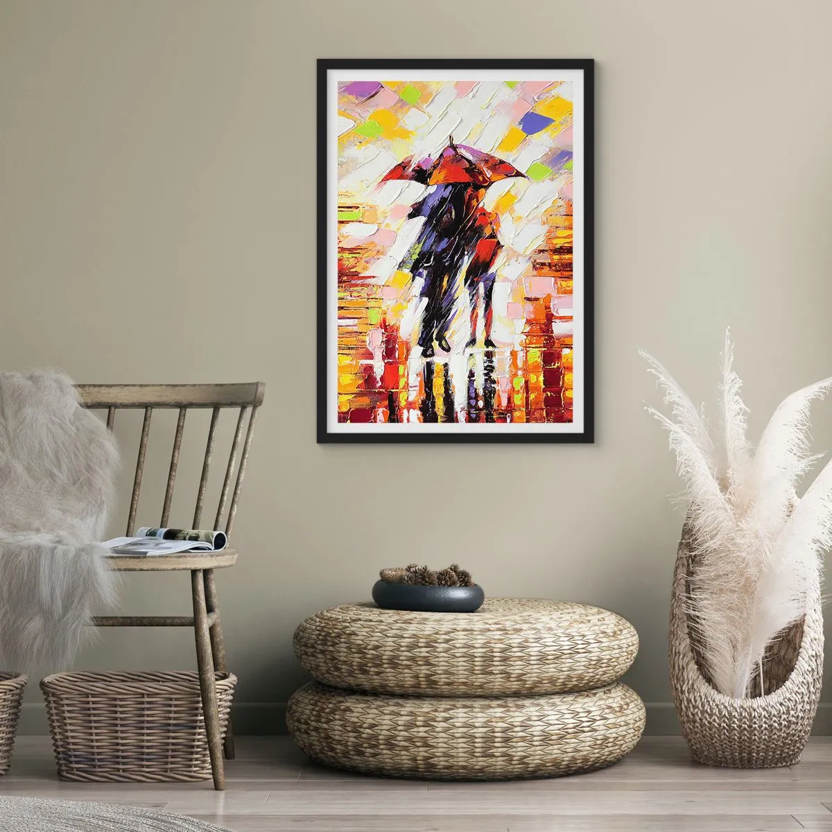 Affisch i svart ram - Ett par under ett paraply i en färgglad abstraktion - 50x70cm - Tillsammans genom natten och regnet - Modern väggdekoration för vardagsrum och sovrum ARTTOR