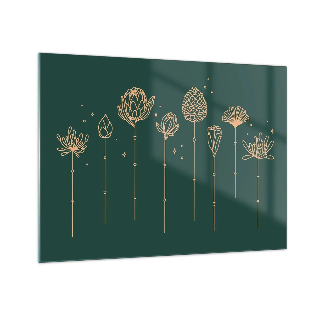 Glastavla - Bild på glas - Gyllene konturer av örter och blommor på en mörkgrön bakgrund - 70x50cm - Familjen ÖRTsson - Modern väggdekoration för vardagsrum och sovrum ARTTOR