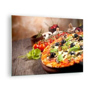 Glastavla - Bild på glas - Pizza med oliver, champinjoner och färska örter på ett träbord - 70x50cm - Ingredienser ur jorden - Modern väggdekoration för vardagsrum och sovrum ARTTOR