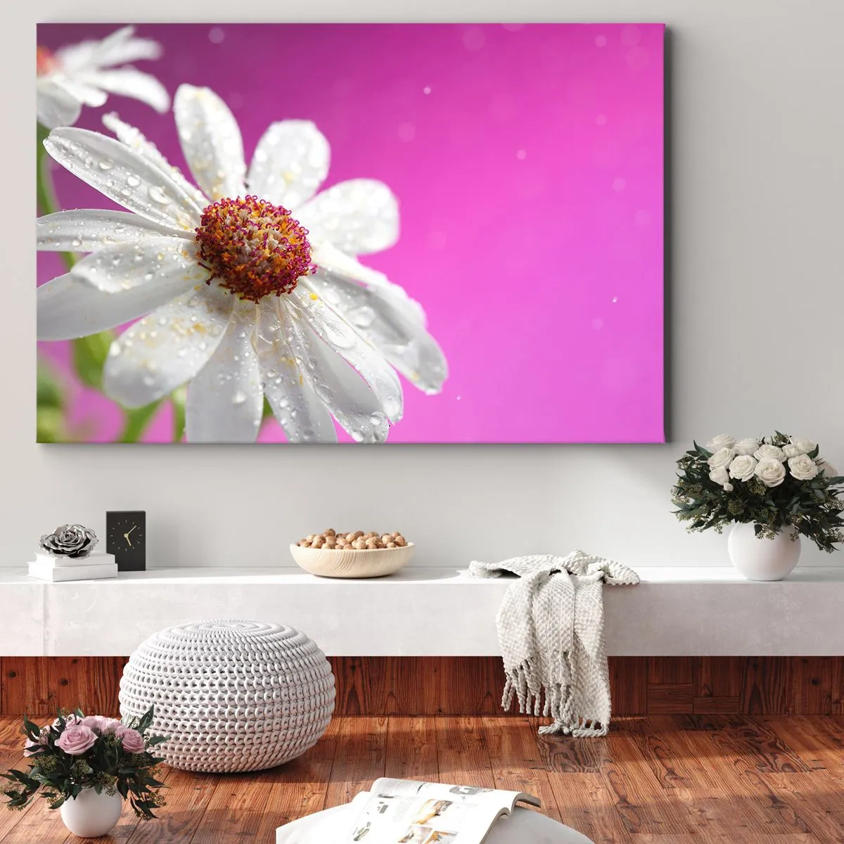 Canvastavla - Bild på duk - En vit prästkrage täckt med vattendroppar på en rosa bakgrund - 70x50cm - Sparsam i sin skönhet - Modern väggdekoration för vardagsrum och sovrum ARTTOR