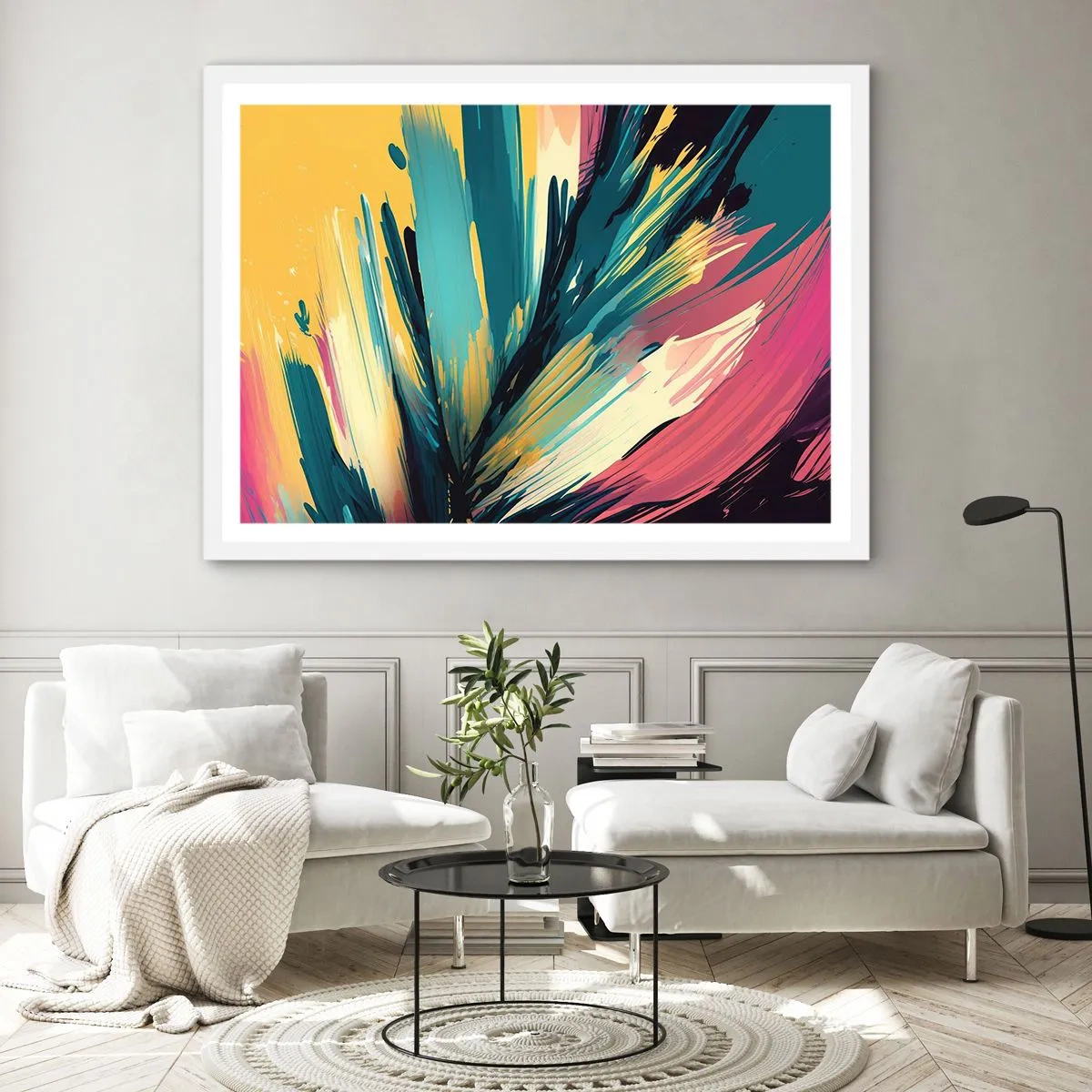 Affisch i vit ram - Komposition - en explosion av glädje - 100x70 cm