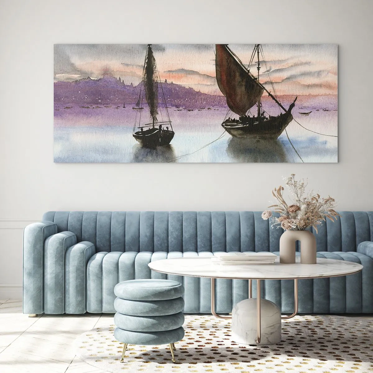 Glastavla - Bild på glas - Kväll i hamnen - 140x50 cm