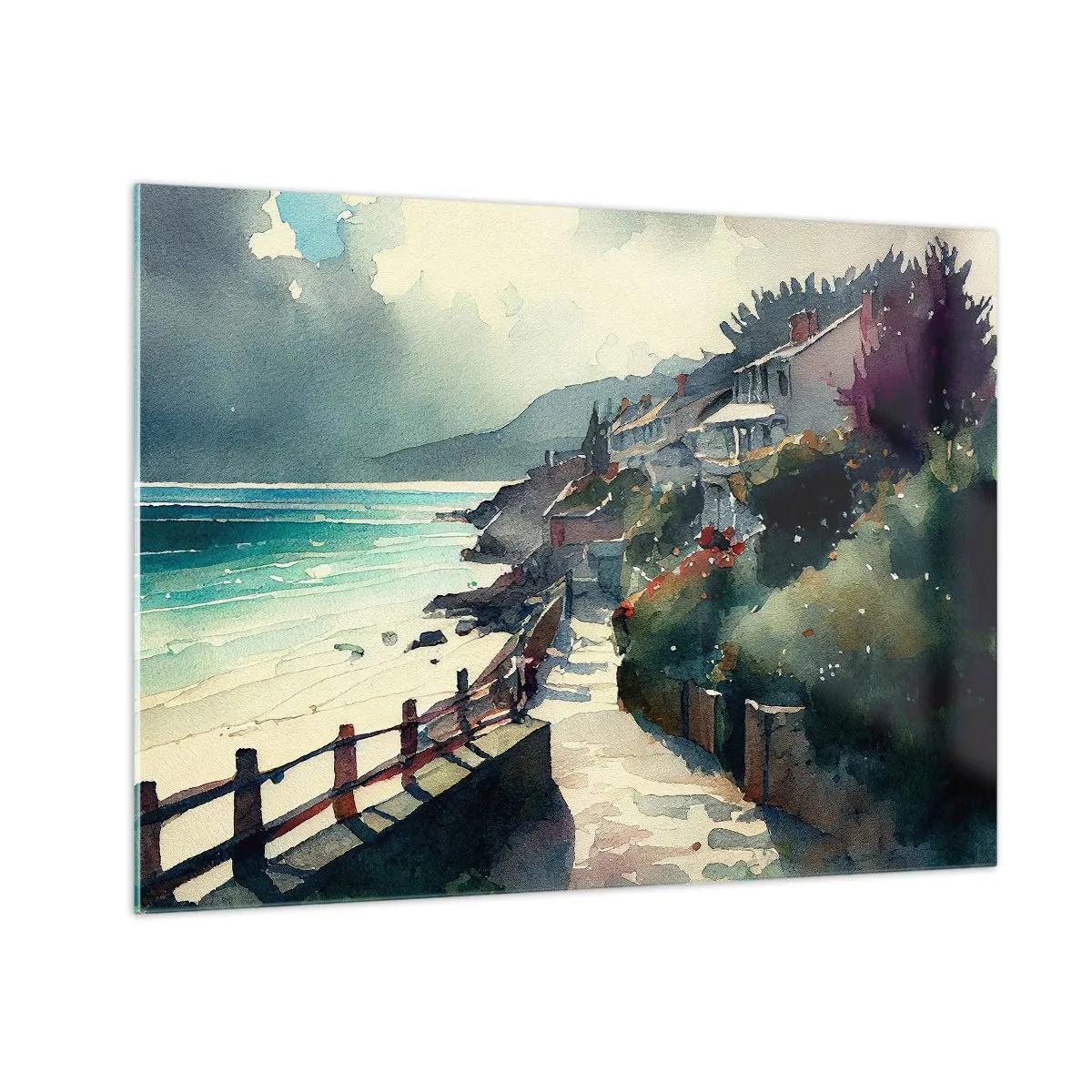 Glastavla - Bild på glas - En strandpromenad med färgglada hus och vatten - 70x50cm - Medelhavsstad - Modern väggdekoration för vardagsrum och sovrum ARTTOR