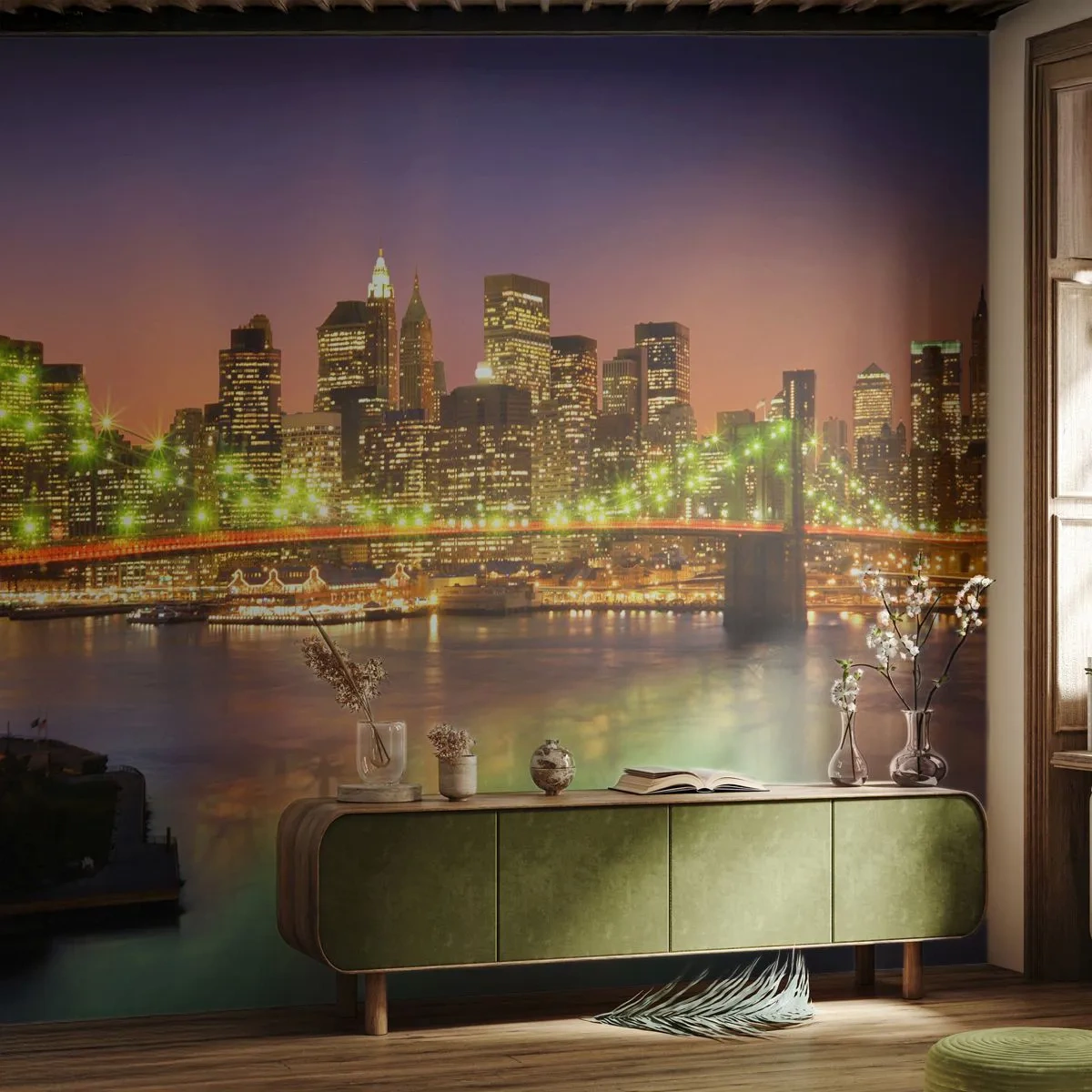 Självhäftande Fototapet Deluxe Sticker - Ljuset slocknar aldrig här - Stad, New York, Brooklyn Bridge - 250x175 cm