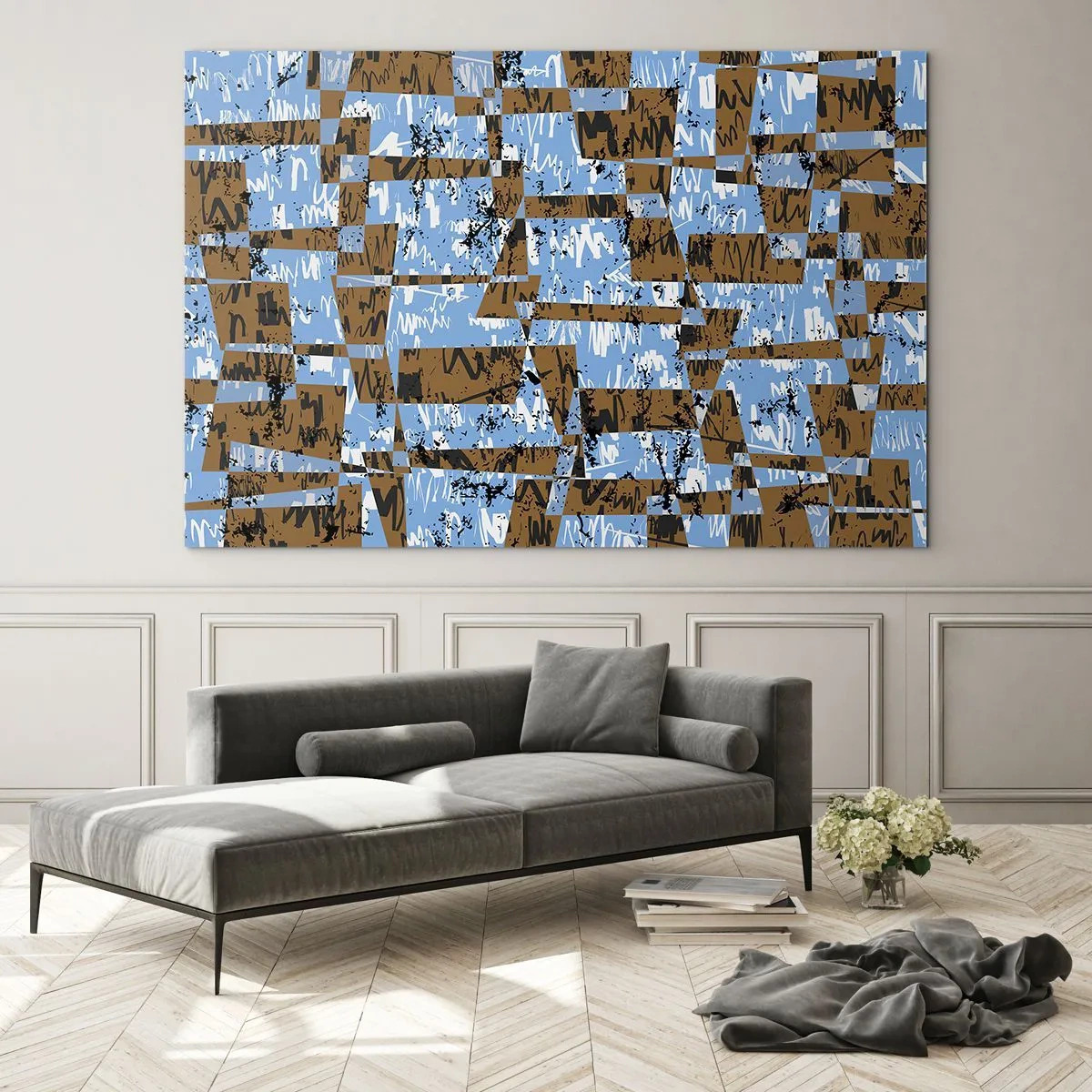 Glastavla - Bild på glas - Geometrisk abstraktion med nyanser av blått och brunt - 70x50cm - Icke-folkligt urklipp - Modern väggdekoration för vardagsrum och sovrum ARTTOR