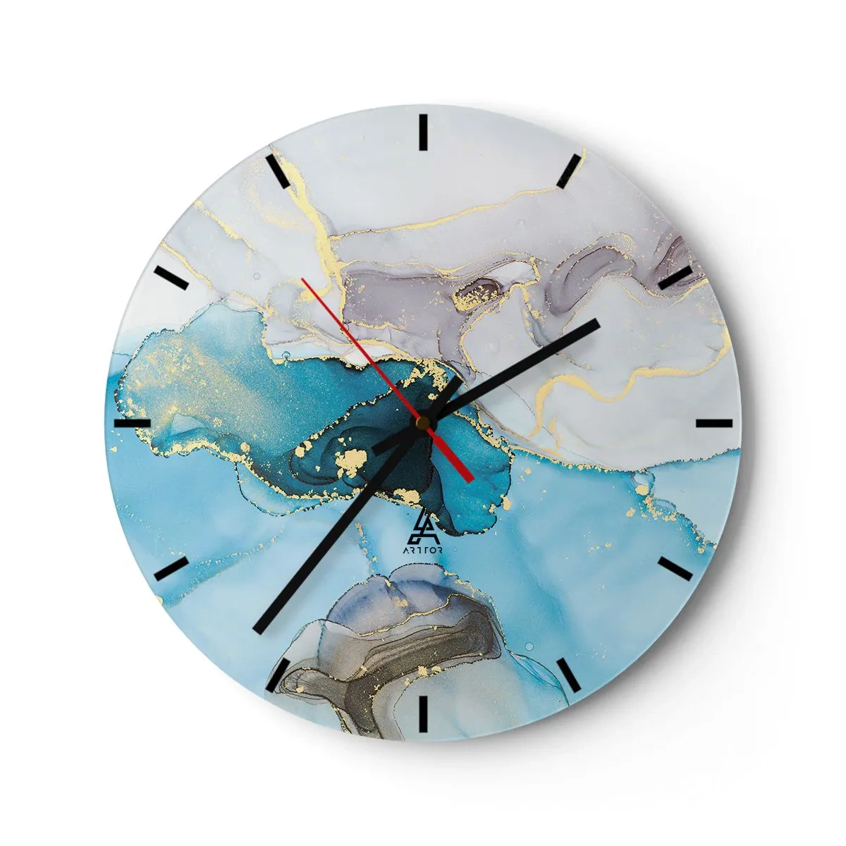 Väggklocka - Klocka på glas - En abstrakt kombination av grå, turkos och guldfärgade accenter - 30x30cm - Studie över mötet mellan grå och turkos - Modern väggdekoration för vardagsrum, kök och sovrum ARTTOR