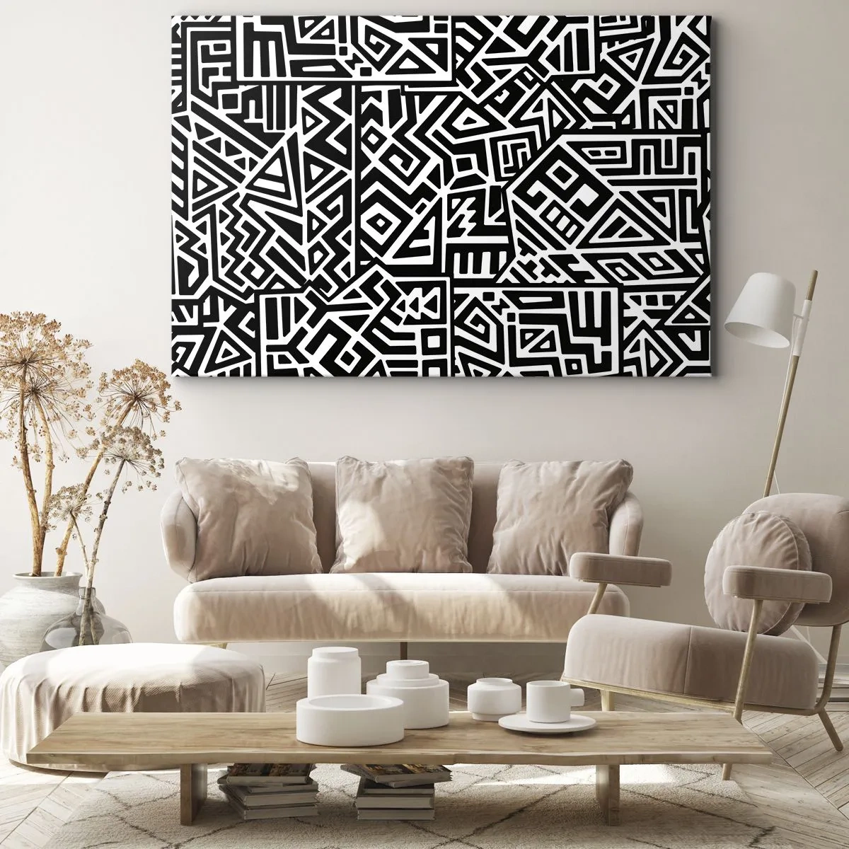 Canvastavla - Bild på duk - Svartvita geometriska mönster inspirerade av förkolumbiansk kultur - 70x50cm - Prekolumbisk komposition - Modern väggdekoration för vardagsrum och sovrum ARTTOR