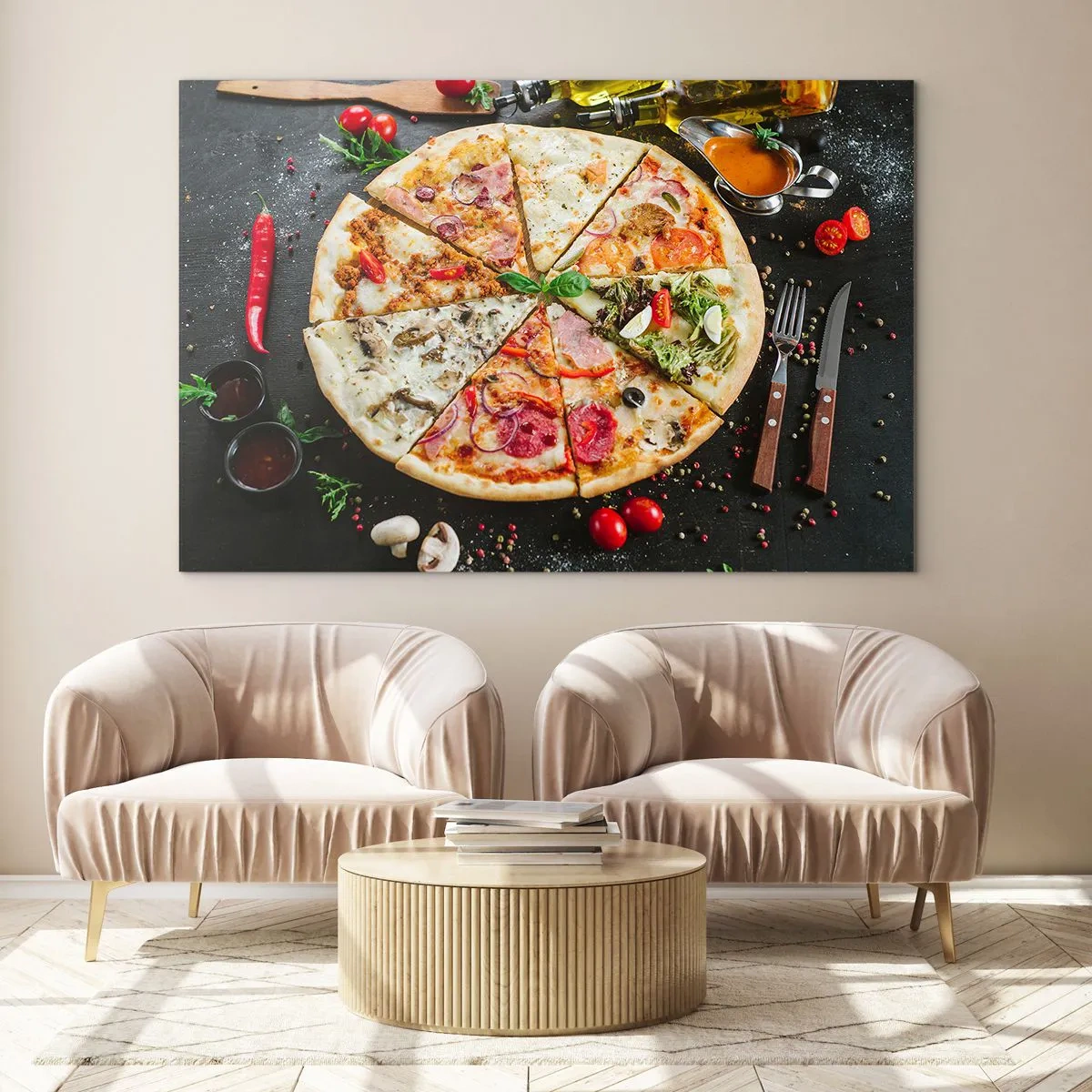 Glastavla - Bild på glas - Pizza i olika smaker med pålägg mot en mörk bakgrund - 70x50cm - Smakurval - Modern väggdekoration för vardagsrum och sovrum ARTTOR