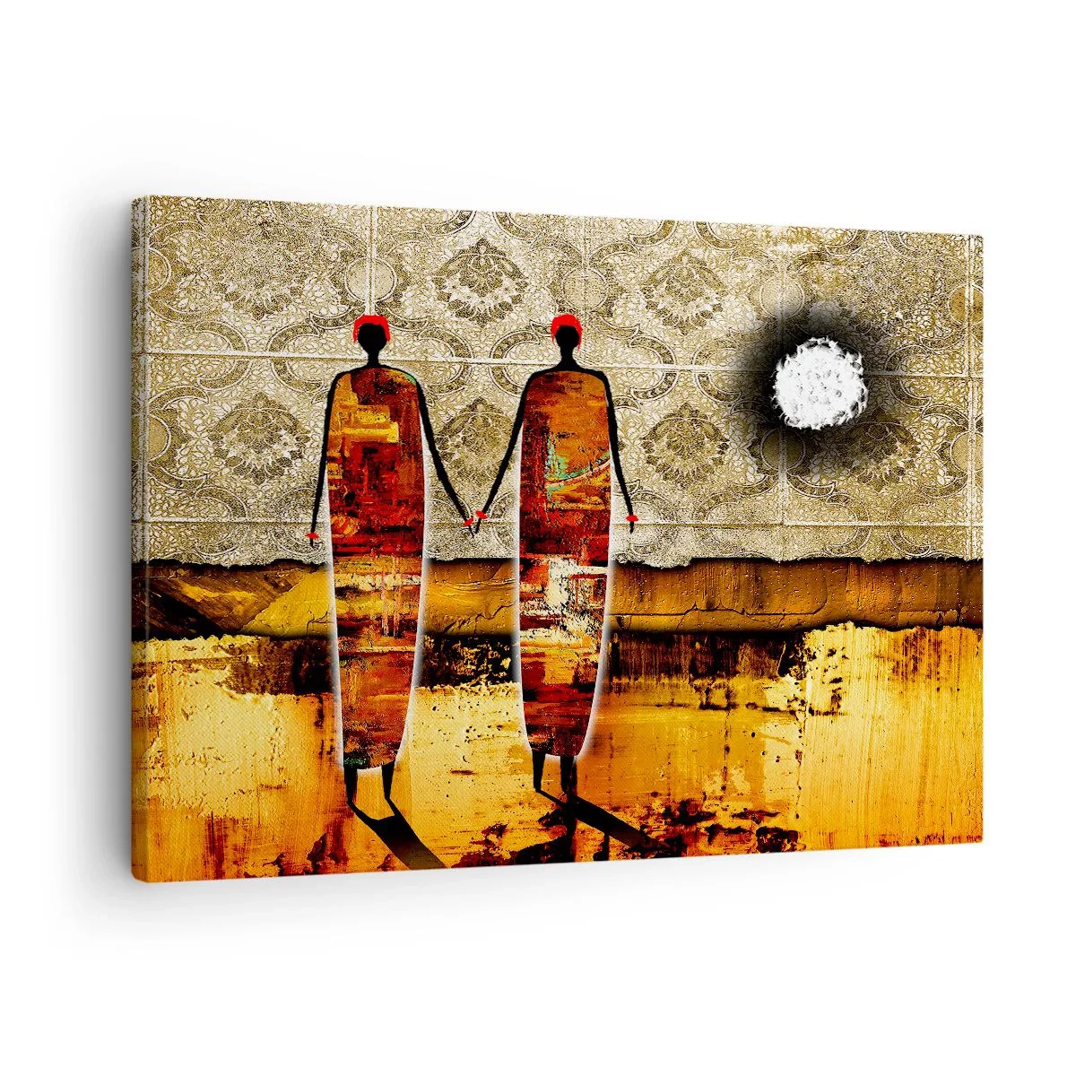 Canvastavla - Bild på duk - Ett abstrakt figurpar mot en bakgrund av gyllene mönster och ett landskap. - 70x50cm - Etnisk komposition i Afrikas färger - Modern väggdekoration för vardagsrum och sovrum ARTTOR