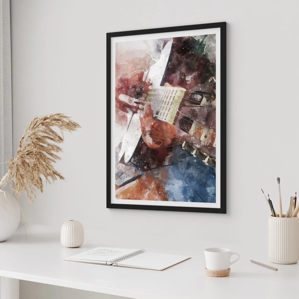 Affisch i svart ram - Konstnärlig skildring av en gitarr i akvarellstil - 50x70cm - Vad tycker du om det? - Modern väggdekoration för vardagsrum och sovrum ARTTOR
