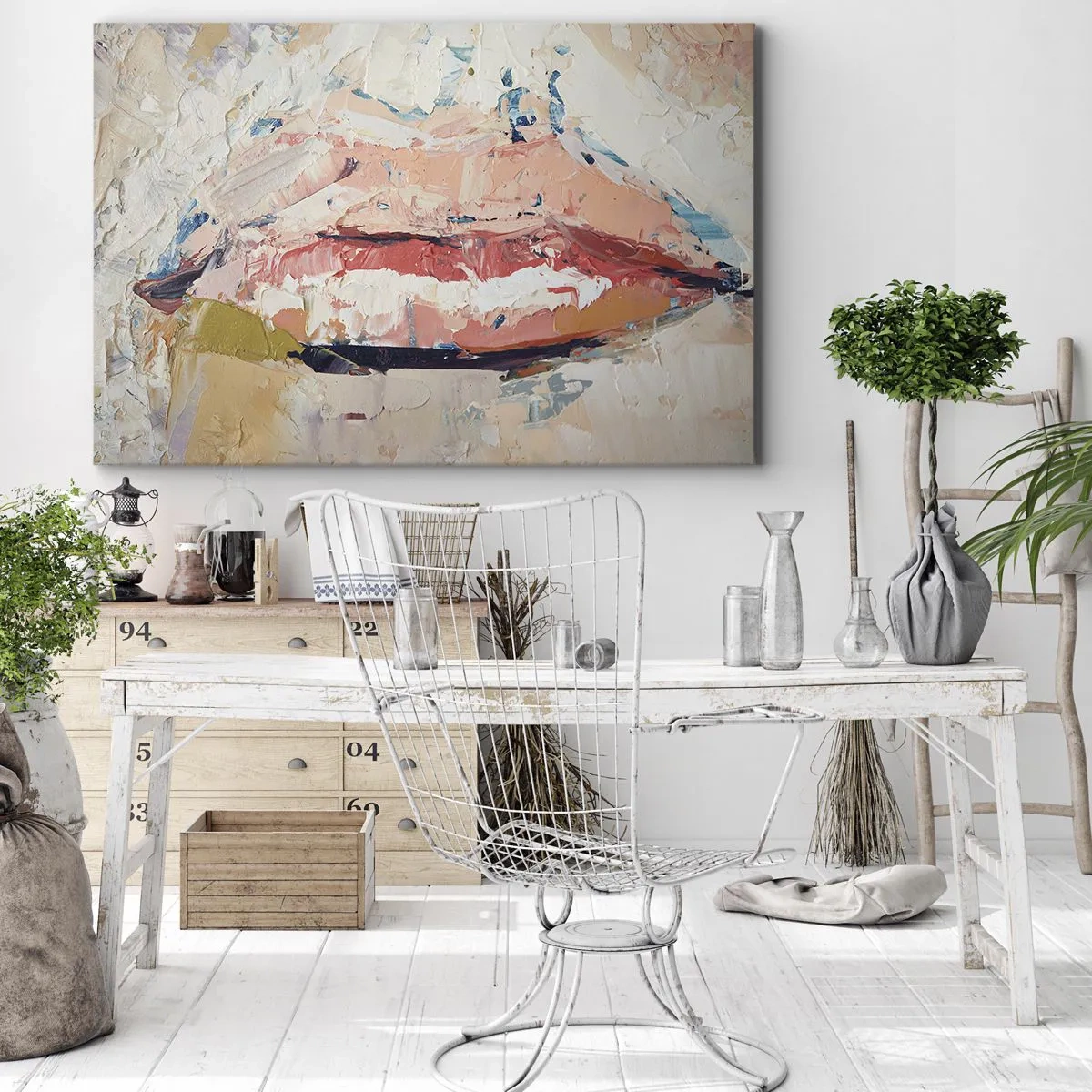 Canvastavla - Bild på duk - En abstrakt komposition som föreställer en kvinnas läppar i pastellfärger. - 70x50cm - Väcker sinnen - Modern väggdekoration för vardagsrum och sovrum ARTTOR