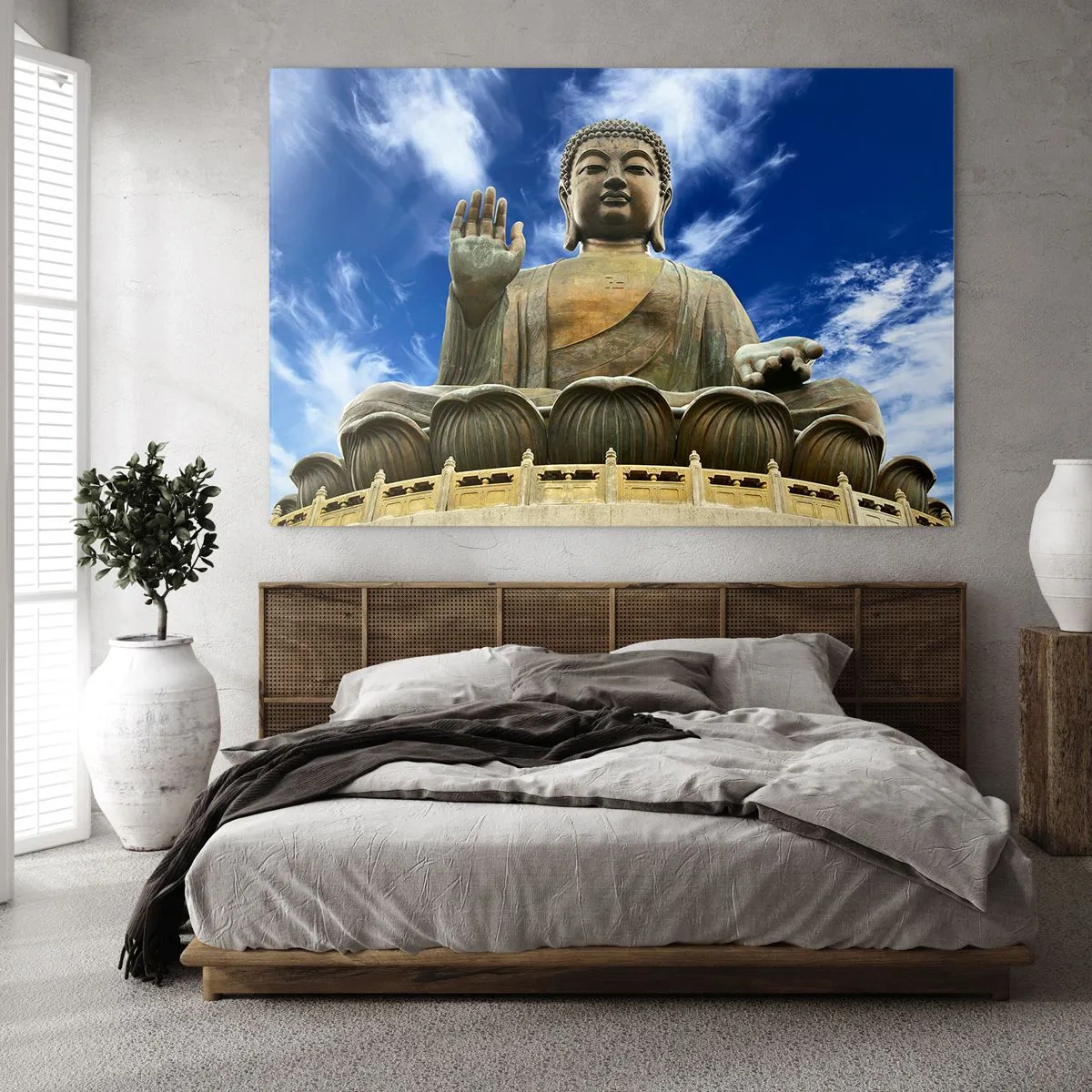 Glastavla - Bild på glas - En stor Buddhastaty mot en blå himmel - 70x50cm - Lev utan rädsla - Modern väggdekoration för vardagsrum och sovrum ARTTOR