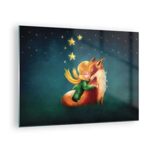 Glastavla - Bild på glas - Den lille prinsen kramar en räv under en stjärnklar himmel - 70x50cm - Lilla prinsen - Modern väggdekoration för vardagsrum och sovrum ARTTOR