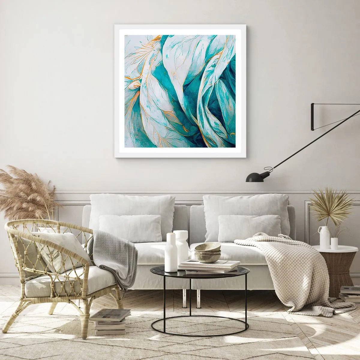 Affisch i vit ram - Blå abstraktion med guldmotiv - 40x40 cm