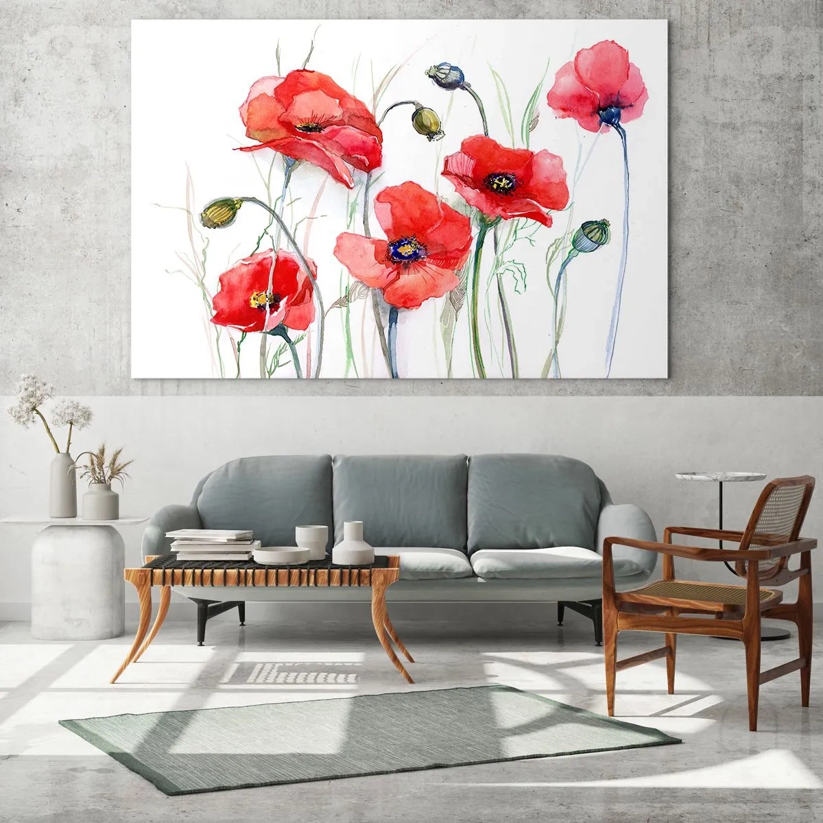 Glastavla - Bild på glas - Akvarell röd vallmo på vit bakgrund - 70x50cm - Polska blommor - Modern väggdekoration för vardagsrum och sovrum ARTTOR