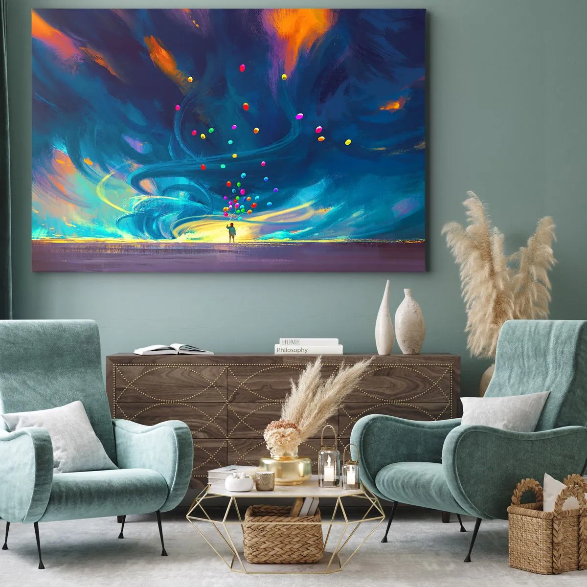 Canvastavla - Bild på duk - En figur med ballonger mot en bakgrund av virvlande, färgglada moln - 70x50cm - Blå vind - Modern väggdekoration för vardagsrum och sovrum ARTTOR