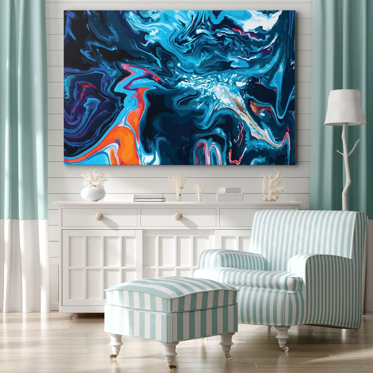 Canvastavla - Bild på duk - Ett abstrakt mönster i nyanser av blått med orange accenter. - 70x50cm - En resa till himlens inre - Modern väggdekoration för vardagsrum och sovrum ARTTOR