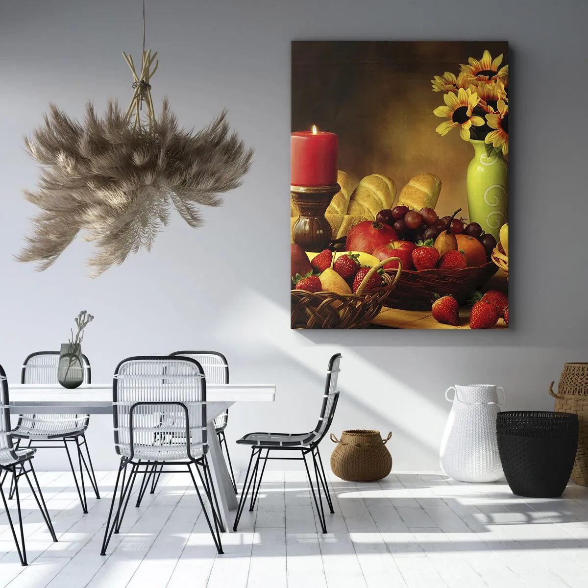 Canvastavla - Bild på duk - Stilleben med bröd och frukt - 55x100 cm