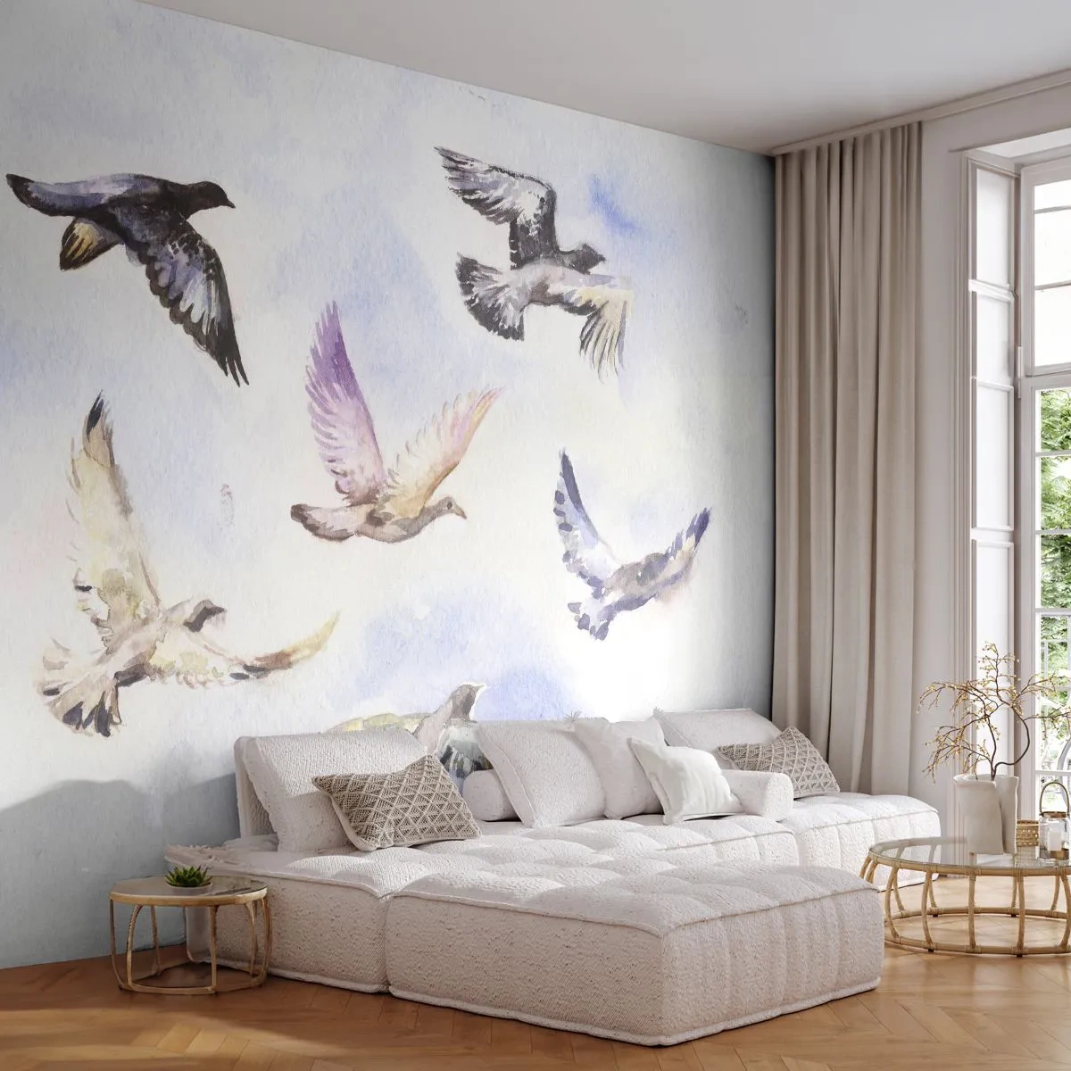 Självhäftande Fototapet Deluxe Sticker - Frihet i grått och blått - Fåglar, Grafik, Bit - 250x175 cm