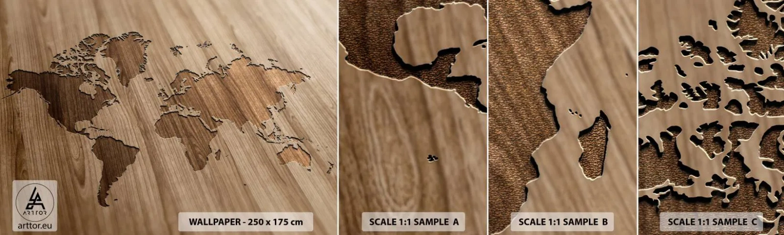 Provbit av självhäftande fototapet Deluxe Sticker - Världen serverad på bordet - Världskarta, Trä, Kontinenter - 100x30 cm