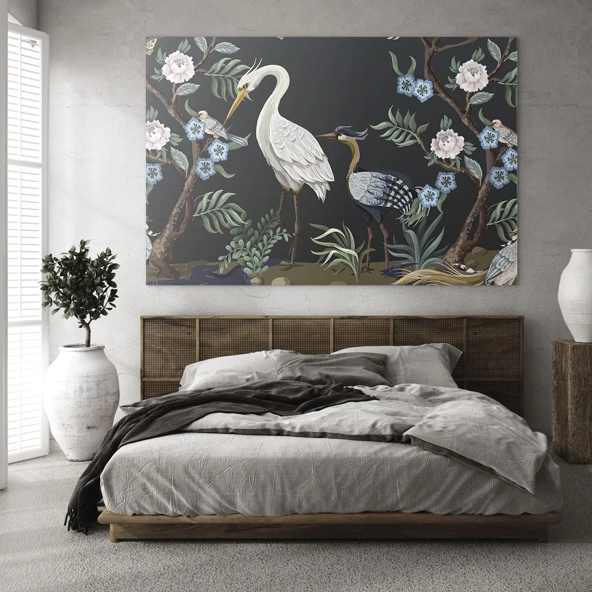 Glastavla - Bild på glas - Färgglada fåglar bland blommande grenar mot en mörk bakgrund - 70x50cm - Fågelparad - Modern väggdekoration för vardagsrum och sovrum ARTTOR