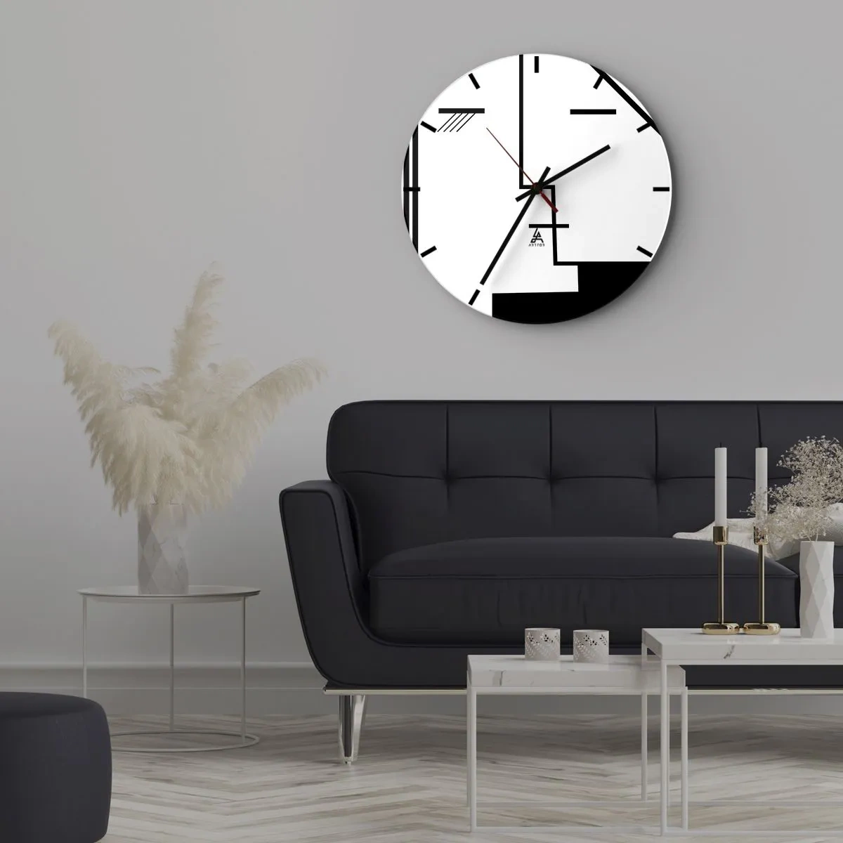 Väggklocka - Klocka på glas - Minimalistisk svartvit grafik med geometriska linjer - 30x30cm - Bara en kyss - Modern väggdekoration för vardagsrum, kök och sovrum ARTTOR