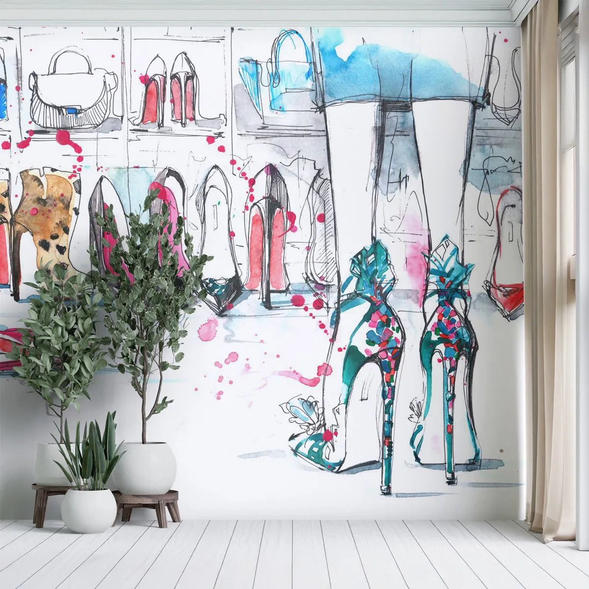 Fototapet Standard Eco - Konstnärlig illustration av skor och en kvinnas ben i ett omklädningsrum - 100x70cm - Sesam, öppna dig - Modern väggdekoration för vardagsrum och sovrum ARTTOR