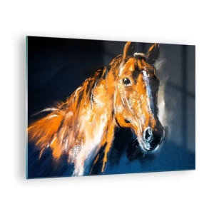 Glastavla - Bild på glas - Porträtt av en häst i intensiva bruna nyanser mot en mörk bakgrund - 70x50cm - Rider du med mig? - Modern väggdekoration för vardagsrum och sovrum ARTTOR