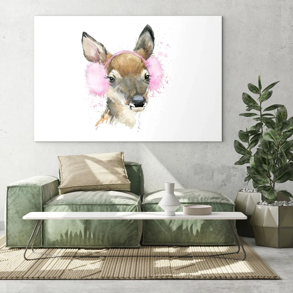 Glastavla - Bild på glas - En hjort i rosa pälshörselkåpor - 70x50cm - Kylan är inte längre skrämmande - Modern väggdekoration för vardagsrum och sovrum ARTTOR