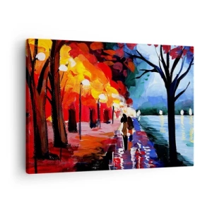 Canvastavla - Bild på duk - En höstpromenad längs stigen med utsikt över vattnet - 70x50cm - Brinnande höst i parken - Modern väggdekoration för vardagsrum och sovrum ARTTOR