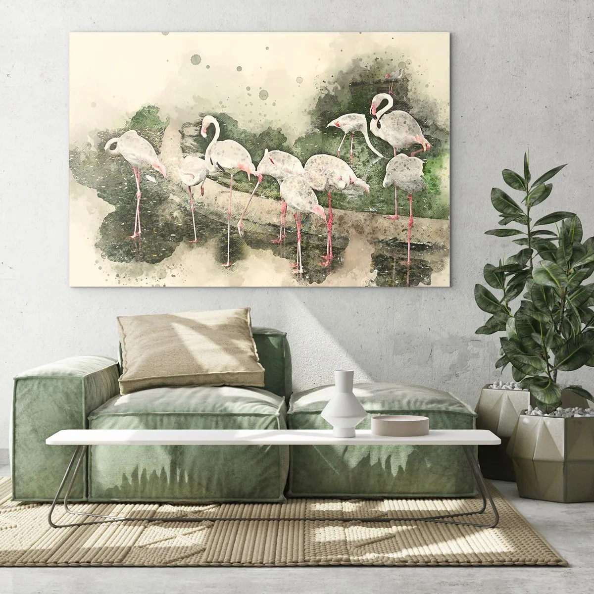 Glastavla - Bild på glas - Flamingos mot bakgrund av en akvarellkomposition - 70x50cm - Exotisk dröm - Modern väggdekoration för vardagsrum och sovrum ARTTOR