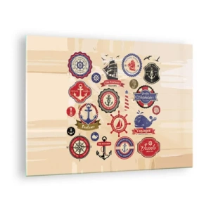 Glastavla - Bild på glas - Nautiska emblem och symboler på beige bakgrund - 70x50cm - Seglarbroderskap - Modern väggdekoration för vardagsrum och sovrum ARTTOR