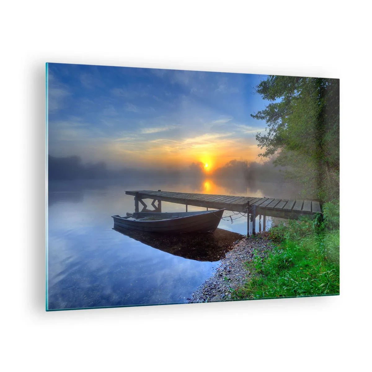 Glastavla - Bild på glas - En båt vid piren vid soluppgången på sjön - 70x50cm - Det vanliga förvandlas till det magiska - Modern väggdekoration för vardagsrum och sovrum ARTTOR