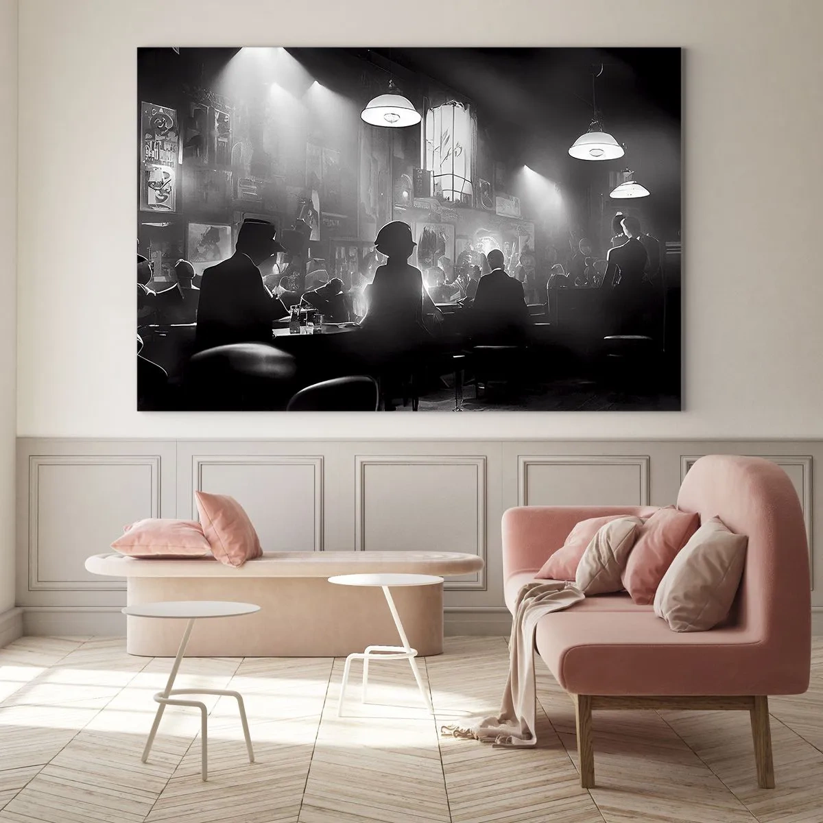 Glastavla - Bild på glas - Svartvit jazzscen i en klubbinredning - 70x50cm - I en jazzig stämning - Modern väggdekoration för vardagsrum och sovrum ARTTOR