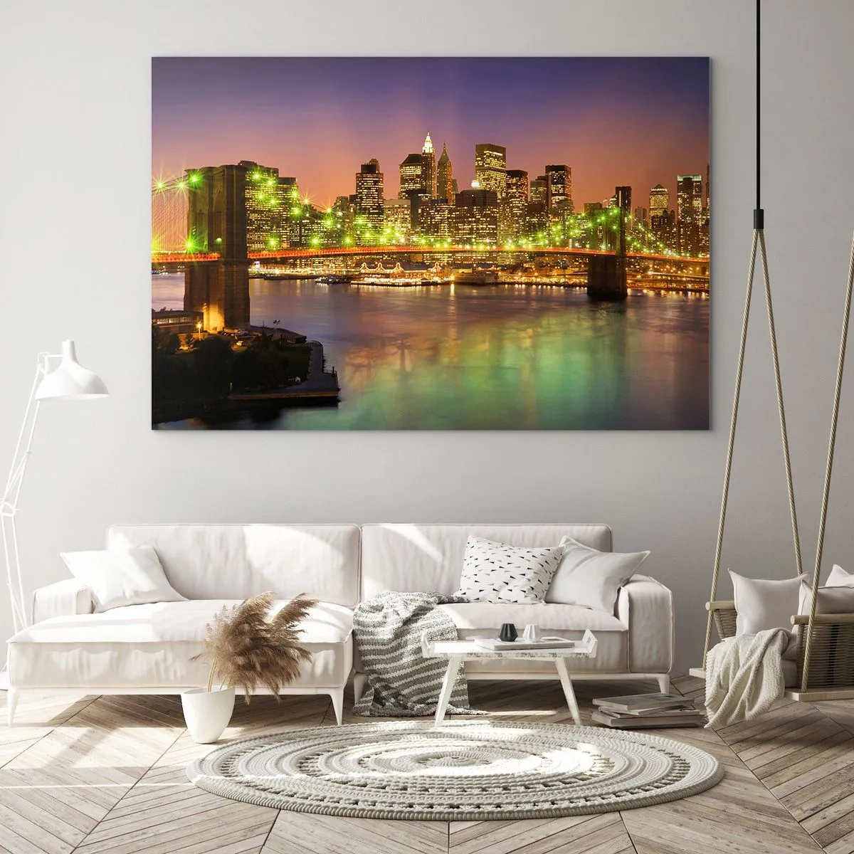 Glastavla - Bild på glas - Upplyst bro över floden med panoramautsikt över staden i skymningen - 70x50cm - Ljuset slocknar aldrig här - Modern väggdekoration för vardagsrum och sovrum ARTTOR