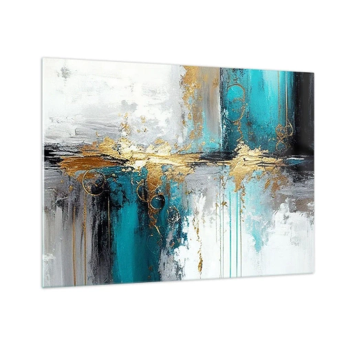 Glastavla - Bild på glas - Abstraktion med turkos och guld på vit bakgrund - 70x50cm - Allting flödar - Modern väggdekoration för vardagsrum och sovrum ARTTOR