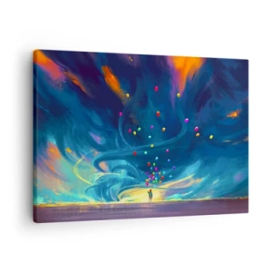 Canvastavla - Bild på duk - En figur med ballonger mot en bakgrund av virvlande, färgglada moln - 70x50cm - Blå vind - Modern väggdekoration för vardagsrum och sovrum ARTTOR