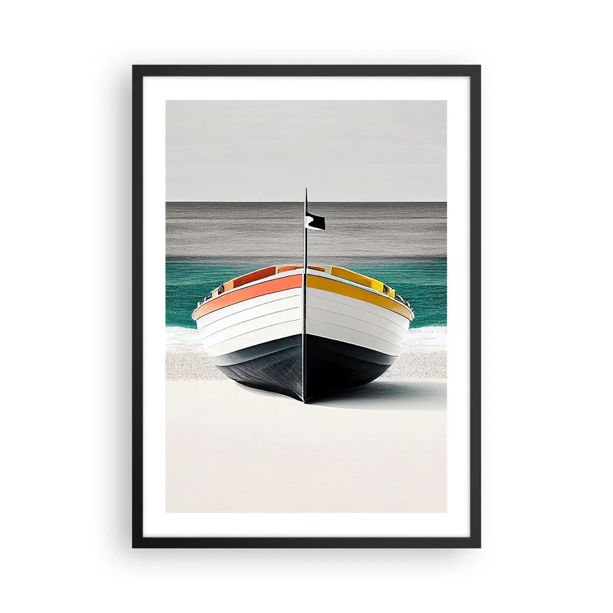 Affisch i svart ram - Ett färgfotografi av en båt mot bakgrund av hav och sand. - 50x70cm - På sin plats - Modern väggdekoration för vardagsrum och sovrum ARTTOR