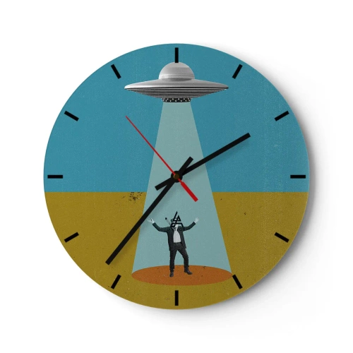 Väggklocka - Klocka på glas - En man upplyst av en UFO-stråle mot en ökenbakgrund. - 30x30cm - Ett nära möte - Modern väggdekoration för vardagsrum, kök och sovrum ARTTOR