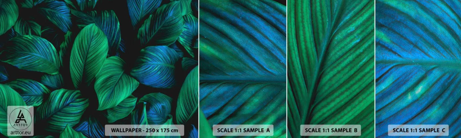 Provbit av självhäftande fototapet Deluxe Sticker - I gröna folkmassan - Gröna löv, Tropisk växt, Natur - 100x30 cm