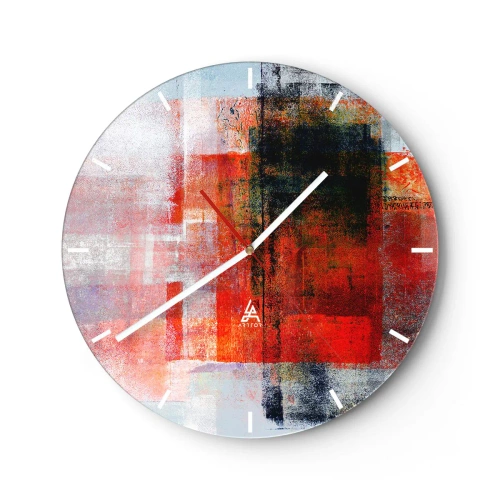 Väggklocka - Klocka på glas - Abstrakta geometriska former i röda nyanser - 30x30cm - Glödande komposition - Modern väggdekoration för vardagsrum, kök och sovrum ARTTOR
