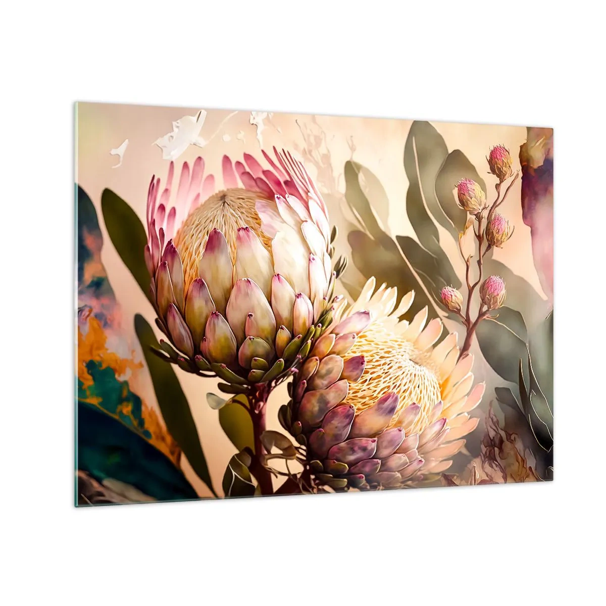 Glastavla - Bild på glas - Proteablommor i varma toner och mjukt ljus - 70x50cm - Ömsint omfamnad - Modern väggdekoration för vardagsrum och sovrum ARTTOR